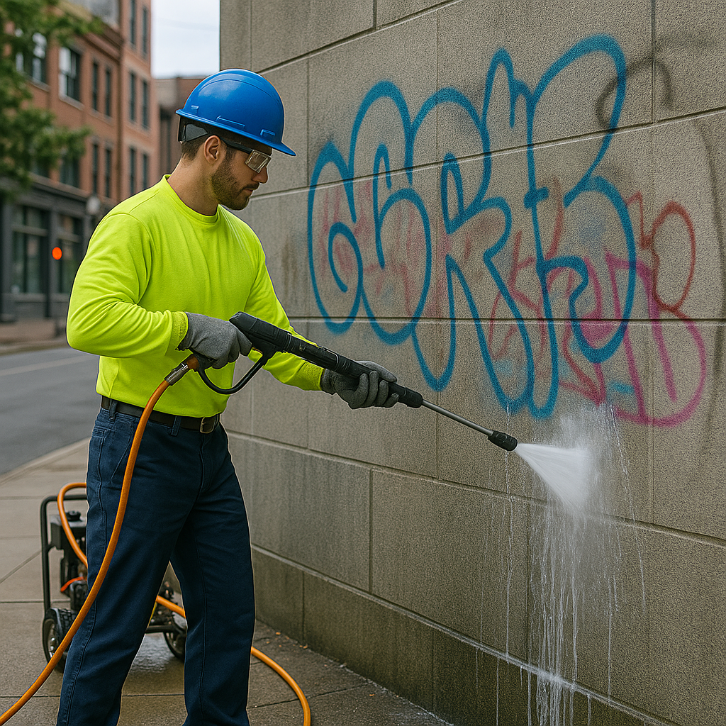 Graffiti removal on urban wall