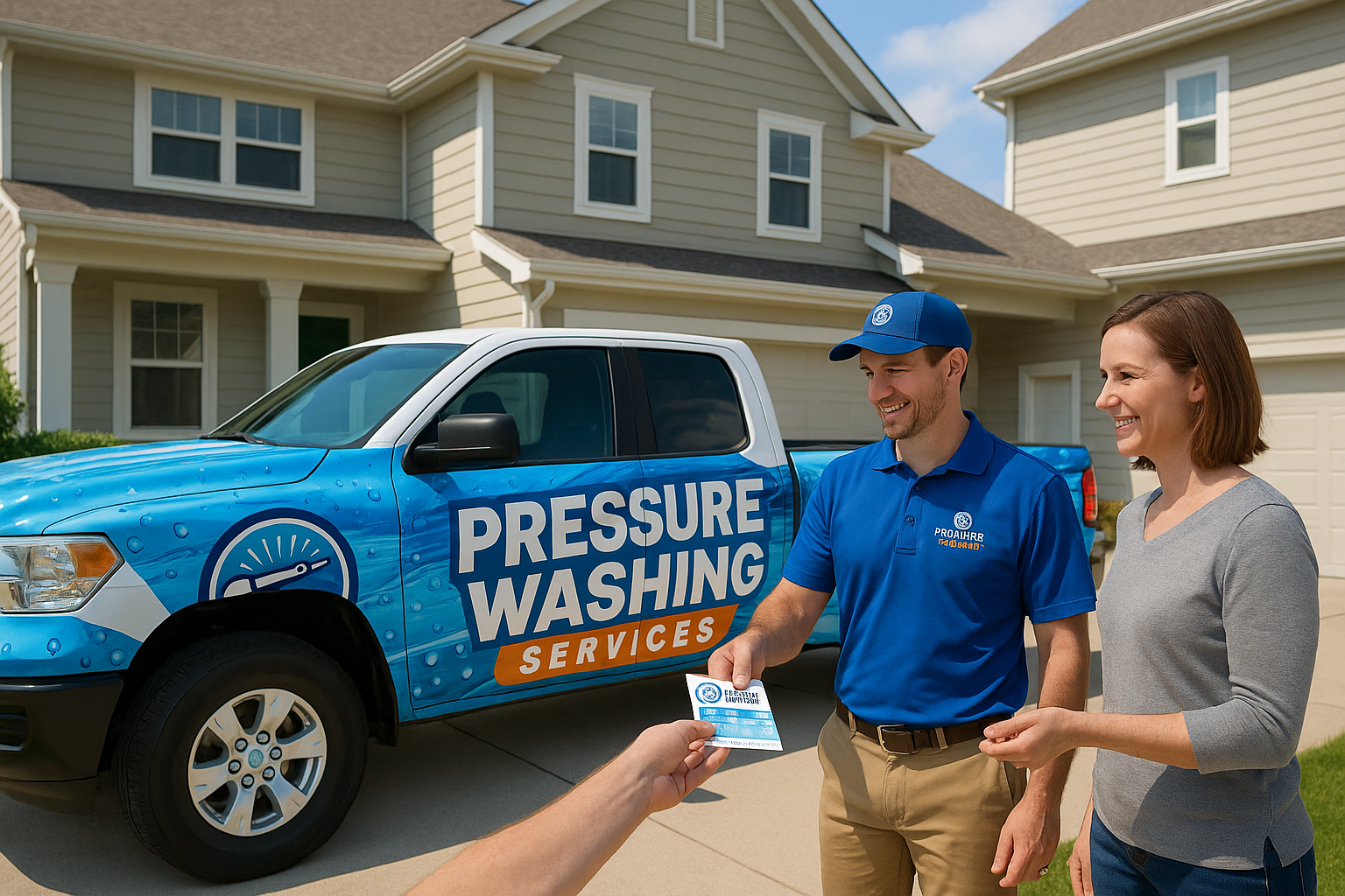 Branded service vehicle parked in front of a home