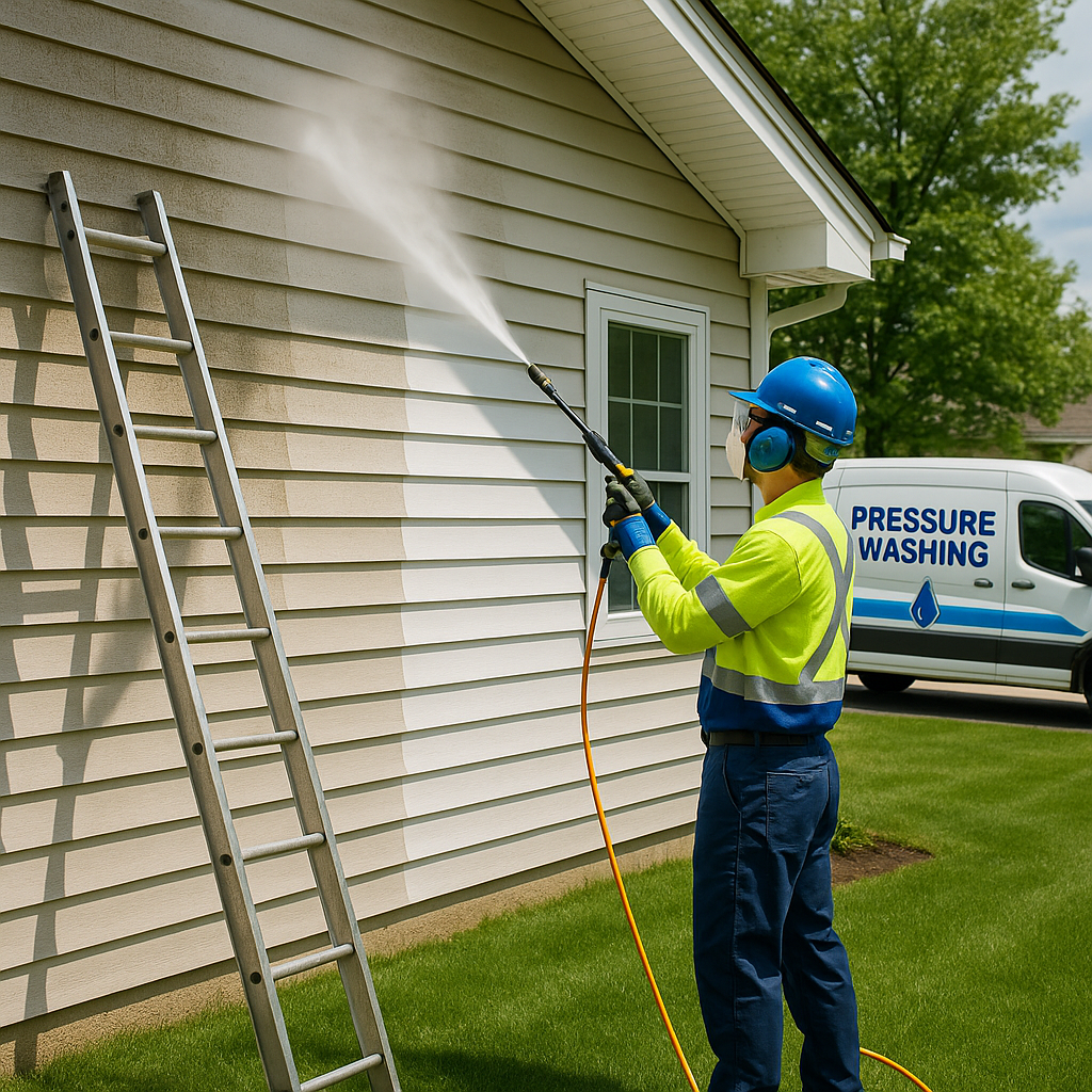 Cleaning a wall or fence with high-pressure sprayer